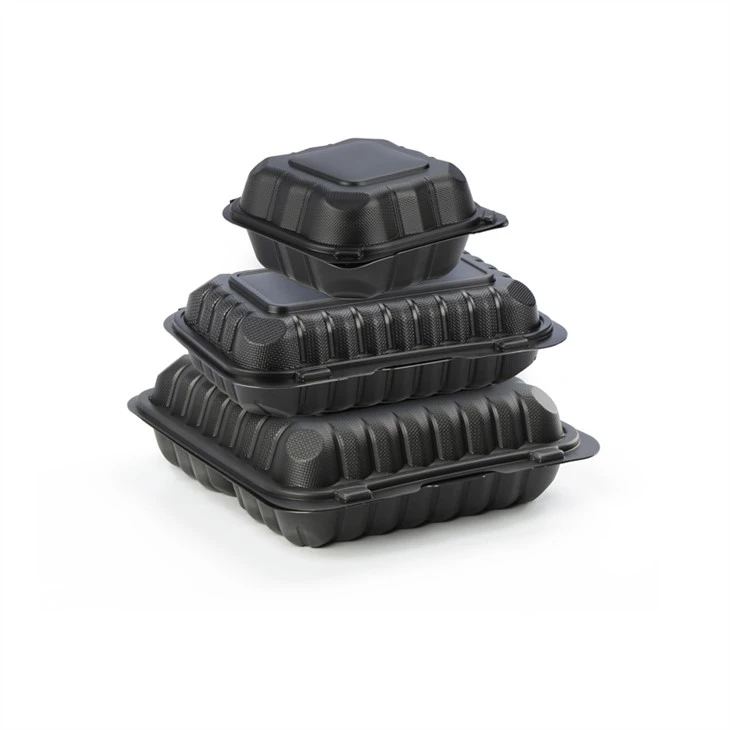 Svart Clamshell Meal Microwavable To Go Takeaway Engångs Tre fack Plast 9x9 Matbehållare