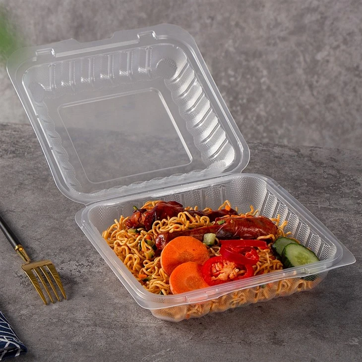 Plast PP Clear Clamshell Takeaway-lådor 8"x8" 1 fack Transparent gångjärnsförsett lock To Go Food Takeaway-behållare